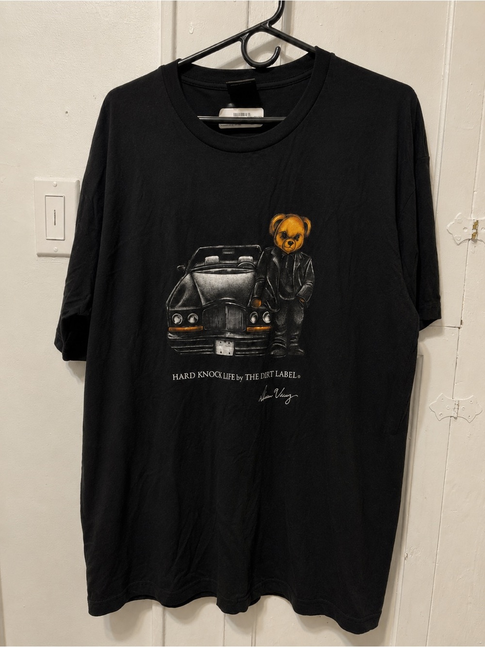 Black Graphic Short-Sleeve Tee with Teddy Bear & Car Motif